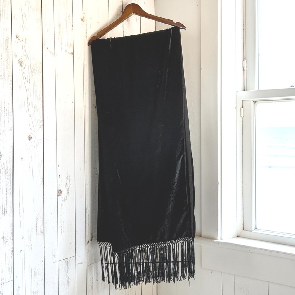 Vintage Wrap Black Velvet Beaded Fringe Shawl Noir Fairy Goth Formal Witchy